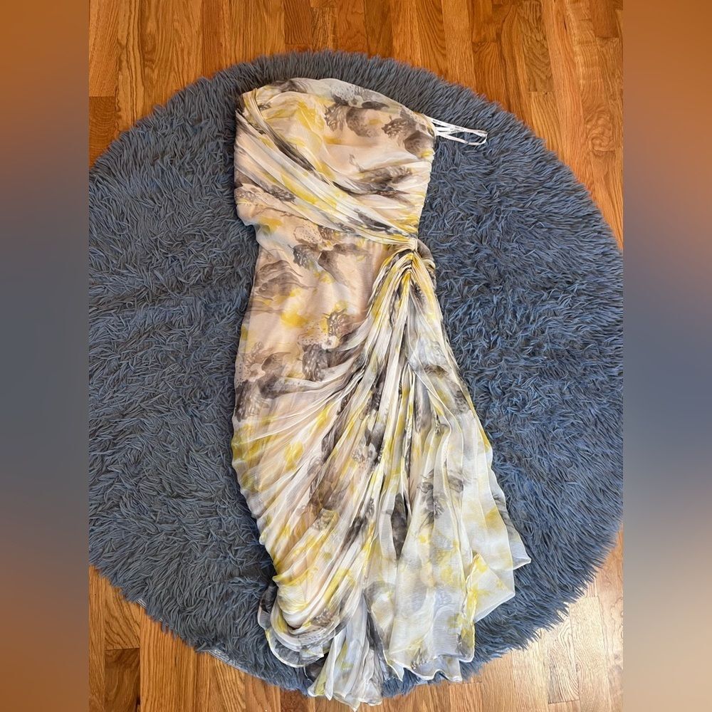 Tadashi Shoji Yellow Gray Draped Silk Midi Dress Size 10